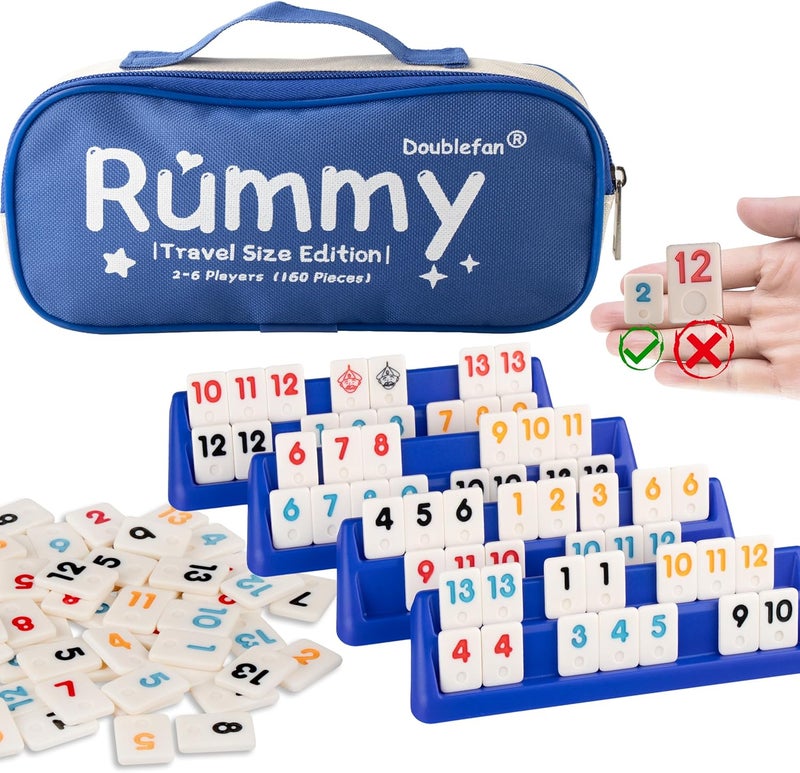 Doublefan Mini Rummy Cube Game, Mini Size Rummy Set with Portable Canvas Bag, Small Travel Board Game for Adult and Kids,160 Tiles, 6 Playing Rack, 1 Dice (2-6 Players) - Image 1